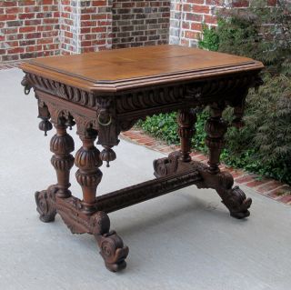 Antique French Victorian Renaissance Carved Oak Dolphin Table Library Desk 1870 photo
