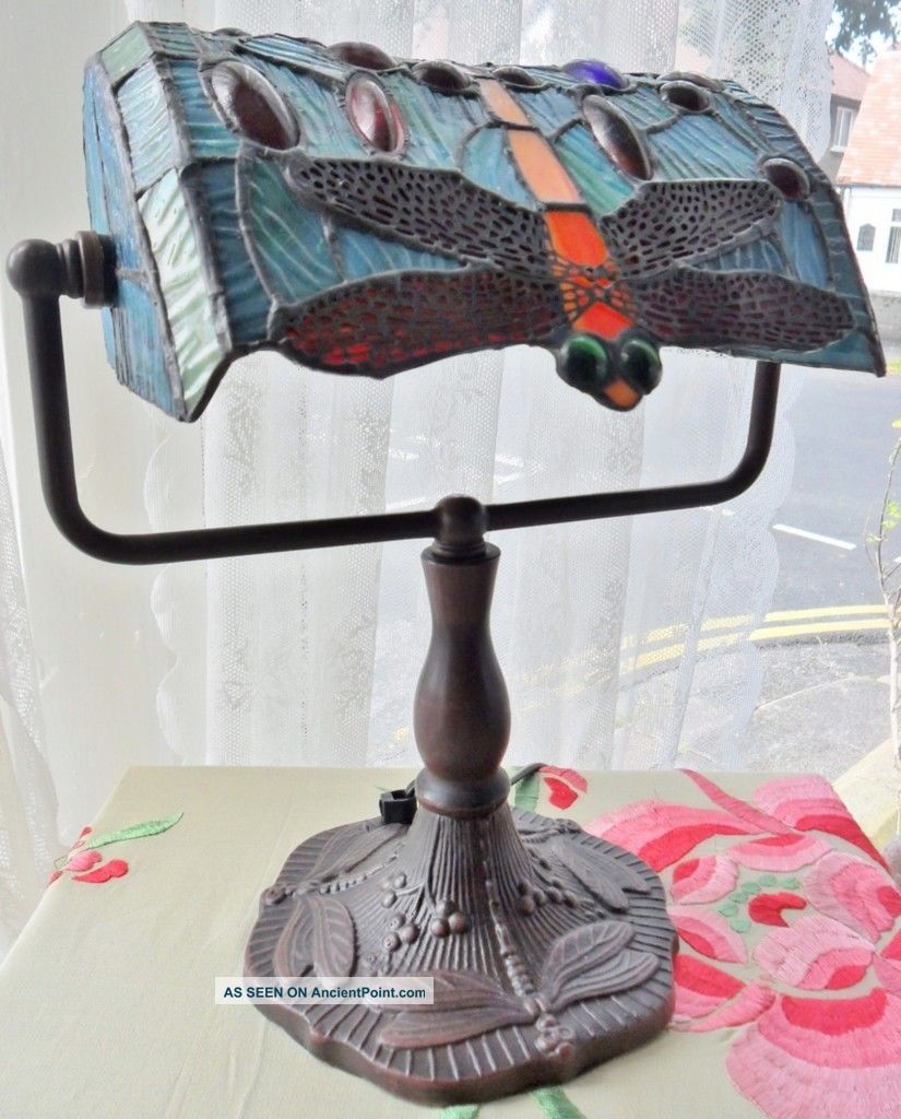 Bronze Art Deco Tiffany Dragonfly Bankers Banker Lamp Lighting Art Deco photo