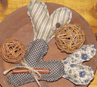 3 Prim Homespun Hearts Bowl Fillers Ornies Floral Ticking Heart Tucks Handmade photo