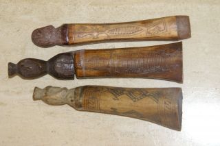 3 Tribal Betel Nut Habit Lime Containers Hand Etched Bone Wood Kalimantan Bn8 photo