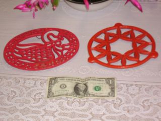 2 Antique Vtg.  Red Trivets - Shape Of A Swan&shape Of A Star Both photo