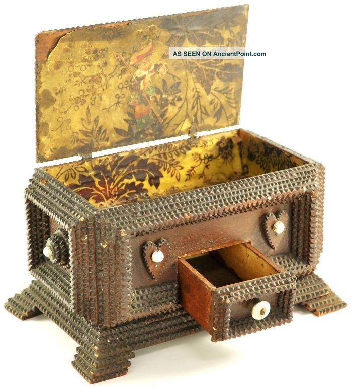 Antique Tramp Art Folk Primitive Chipped Chip Wood Carved Box Old With Drawer Boxes photo