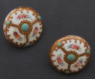 2 Antique China Buttons Painted Floral Pink Blue Green Molded Shank 3/4 