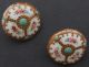 2 Antique China Buttons Painted Floral Pink Blue Green Molded Shank 3/4 