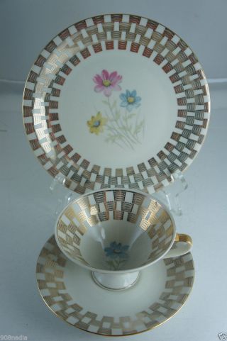 Vintage Footed Cup,  Saucer,  Plate Trio Deco Style White/gold/blue Flower photo
