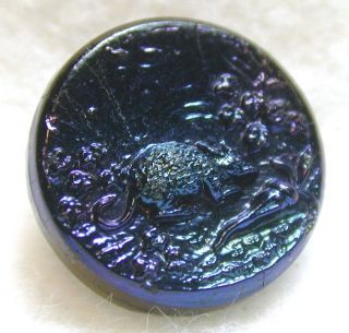 Antique Black Glass Button W/ Carnival Luster Rat & Radish - Scarce photo