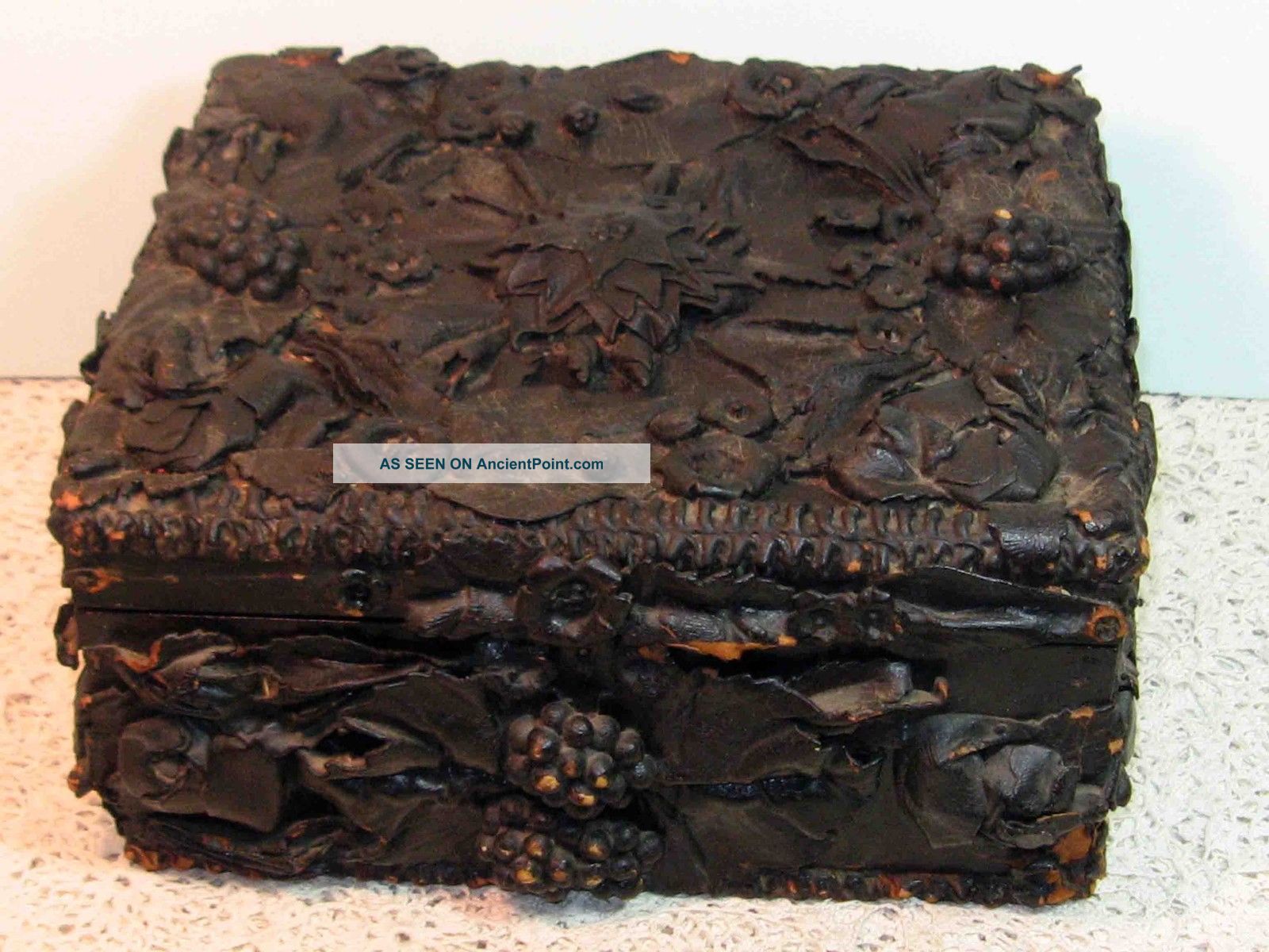 Sewing Box Leather Flowers Over Wood 1800 ' S Piece And Rare Boxes photo