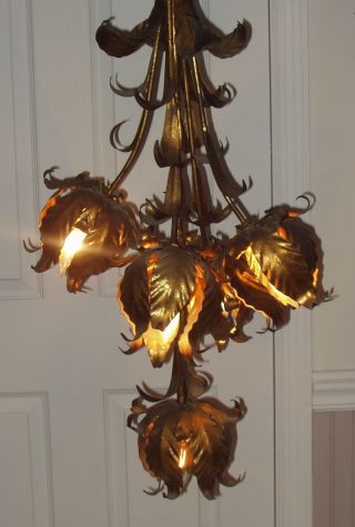 Set Of Antique Italian Gold Gilt Tole Tulip Swag Lamp/table Lamp/ceiling Light photo