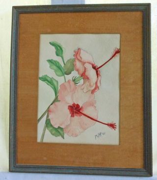 Antique Watercolor Art Deco Painting Pink Hibiscus Tropical Fnw 1941 photo
