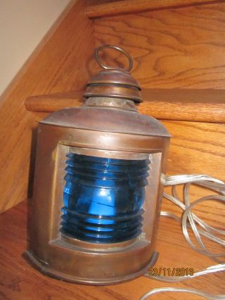 Antique Old Metal Blue Glass Shade Maritime Nautical Complete Ships Lantern photo