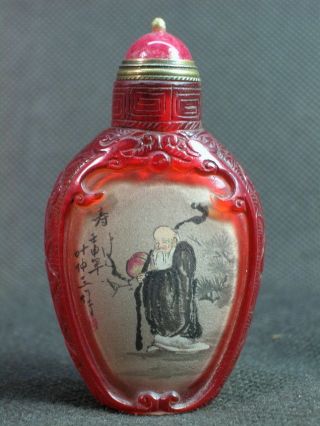 Chinese Longevity Elder Inside Hand Painted Carved Peking Glass Snuff Bottle photo