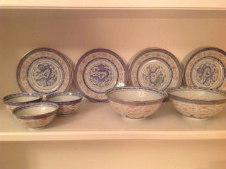Vintage Set Of 9 Signedblue White Red Chinese Hand - Painted Porcelain Dinner Set. photo