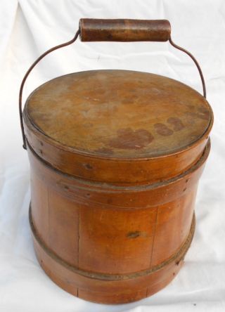 Antique Painted Wood Firkin Sugar Bucket Wire Bail Handle Primitive Vintage photo