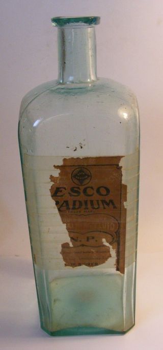 Antique Large Aqua Esco Radium Embalmers Supply Co.  Bottle 12 