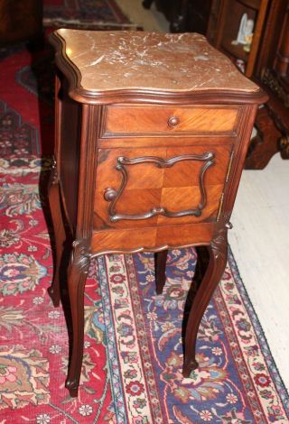 Louis Xv Marble Top Antique French Walnut Nightstand W/ Marble Drawer & Cabinet photo