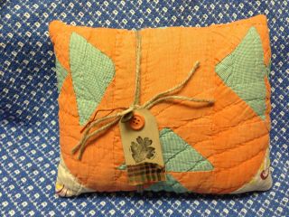 Primitive Ooak Handmade Fall Pillow Vintage Quilt Thanksgiving,  Green,  Orange photo