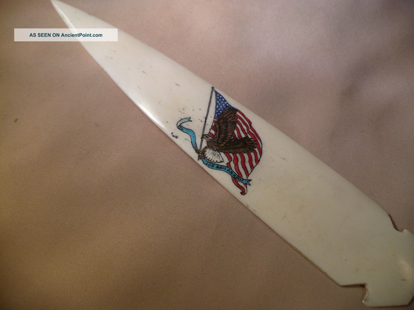 Scrimshaw Buffalo Bone Spear Handle Letter Opener Eagle - Flag Scrimshaws photo