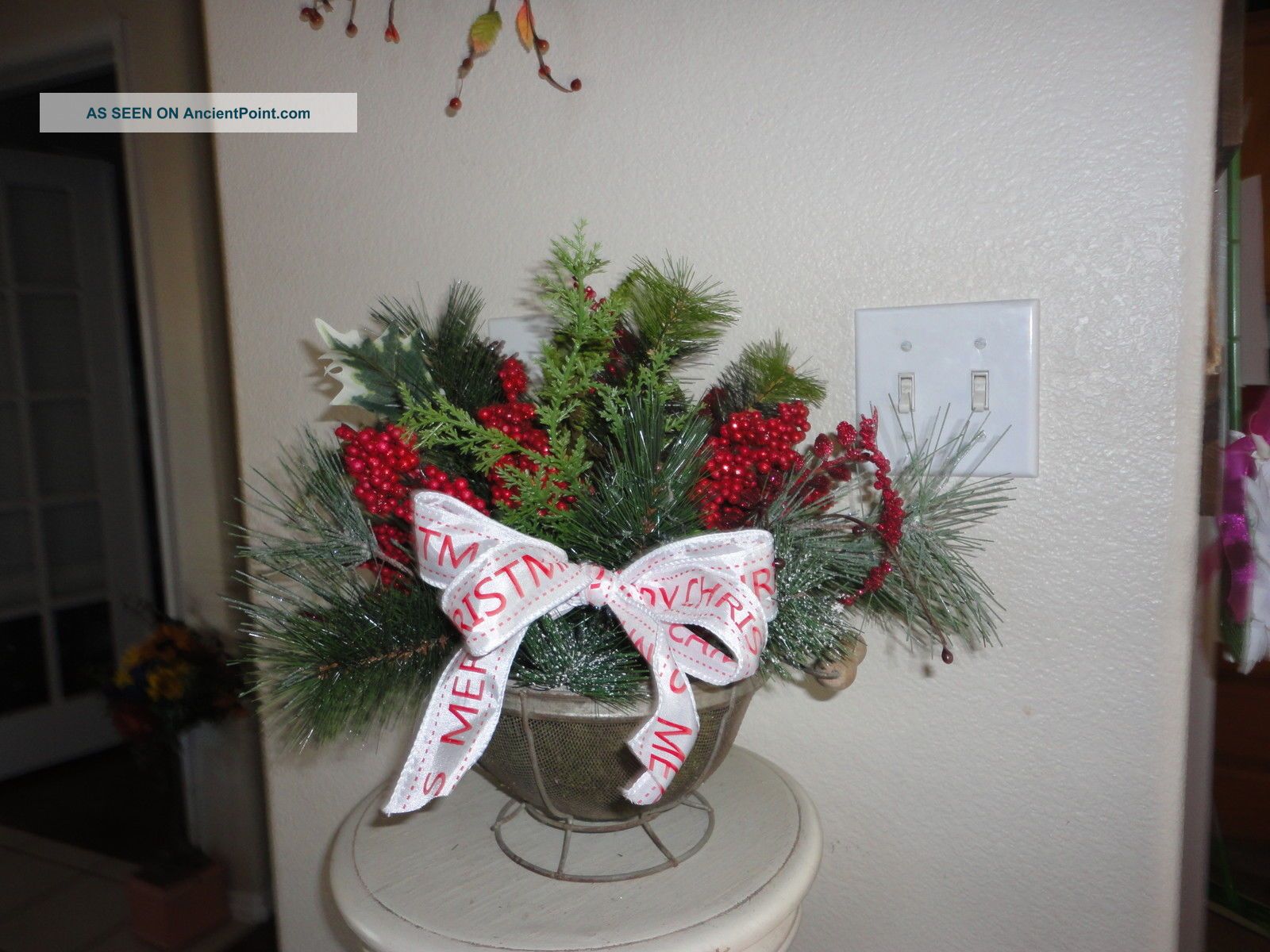 Primitive Christmas Floral Arrangement In Old Wire Colander Primitives photo