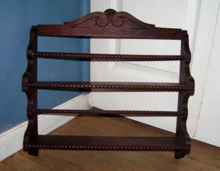 Antique Victorian Shelf Spices Plate Rack Carved Oak Wood Bead Trim Fancy Wall photo