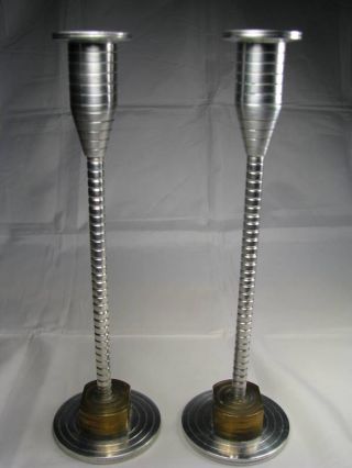 2 Modern /arts & Crafts Aluminum & Brass Candlesticks Pair Candle Holders C1950s photo