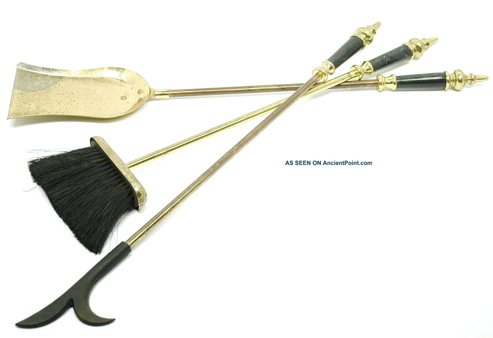 Vintage Fireplace Fire Tools Set 3 Brass Shovel Brush Poker Blue