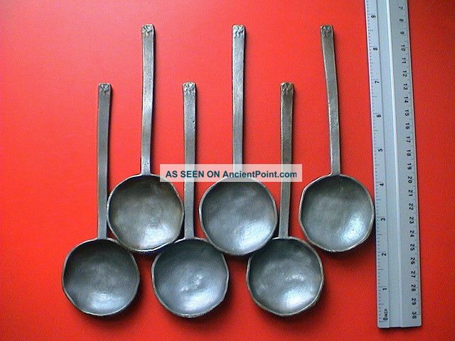 Rare Complete Set Of Six Antique Pewter Dinner Spoons,  18th Century Ad. Metalware photo