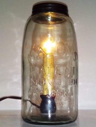 1858 Mason Custom Lamp Glass Jar With Lid.  A Unique Electric 7 Watt Night Light. photo