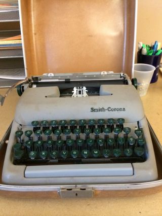 Rare Green Old Vintage Antique Smith Corona Skyriter Portable Typewriter & Case photo