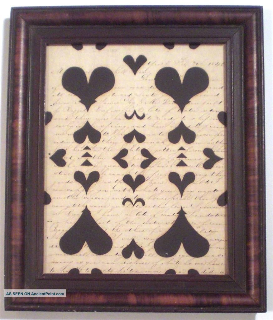 Charming 19th Century Framed Scherenschnitte Cut Work On 1845 Letter,  Hearts Primitives photo