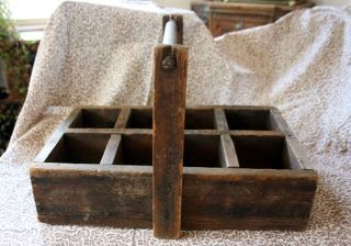 ❢ Folk Art Wood Wooden Carrier Tote Tool Box Old Dry Patina Antique Cubby Shelfை photo