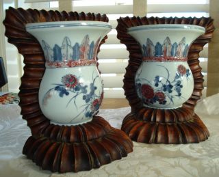 Signed Antique Chinese Porcelain Wall Pocket Vase Kangxi? Pair Bookends Vintage photo