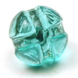 Antique Charmstring Glass Button Aqua Color W/ Cross Mold Swirl Back photo