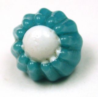 Antique Charmstring Glass Button Turquoise Candy Mold W/ White Dot Swirl Back photo