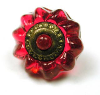 Antique Charmstring Glass Button Red W/ Brass Ring Ome Swirl Back photo