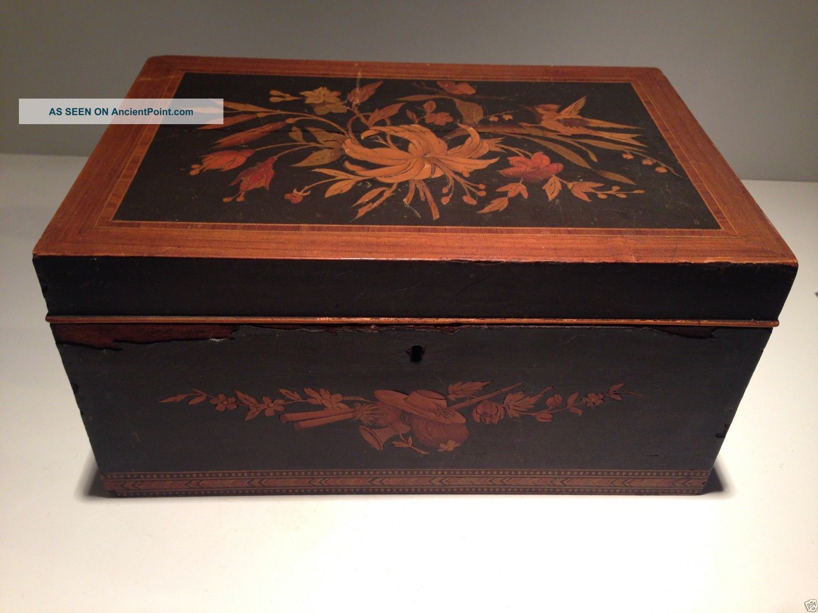 Antique 19th Century Wood Inlay Veneer Marquetry Hinged Sewing Box Boxes photo