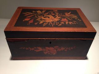 Antique 19th Century Wood Inlay Veneer Marquetry Hinged Sewing Box photo