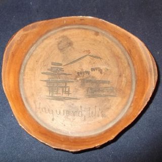 Turn Of T Century Hand Carved Hayward Wi Tree Branch Wood Coaster Mountain Scene photo