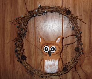Primitive Owl On Grape Vine Wreath 10x10 With Pip Berries - Wall Hanging photo