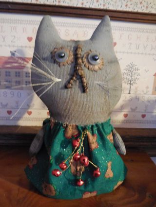 Primitive Grungy Striped Kitty Cat Christmas Tree W/ Rusty Star Shelf Sitter photo