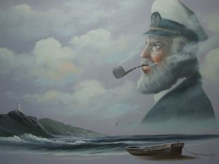 Vintage Signed Framed Maritime Skipper Captain Fisherman Ship Oil Painting photo