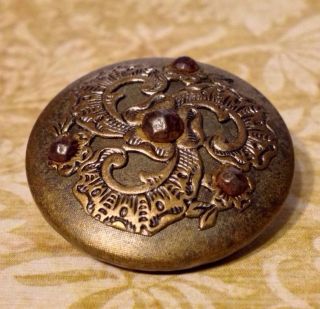 Antique Vintage Victorian Large Cut Steel Brass Floral Scrollwork Picture Button photo