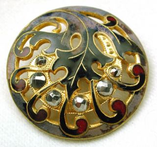 Antique French Enamel Button Fancy Pierced Leaf Design W/ Cut Steel Accents photo