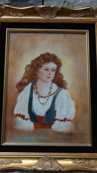 Antique 19c Porcelain Hand Painted Young Girl Plaque Signed Period Gilded Frame. photo