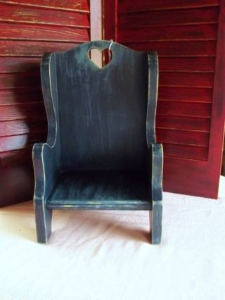 Distressed Primitive Small Wooden Doll Chair In Blue And Black photo