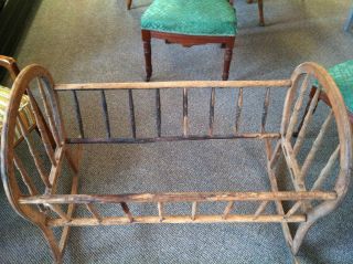 Antique Late Victorian Wood Full Size Baby Cradle With Turned Spindles photo