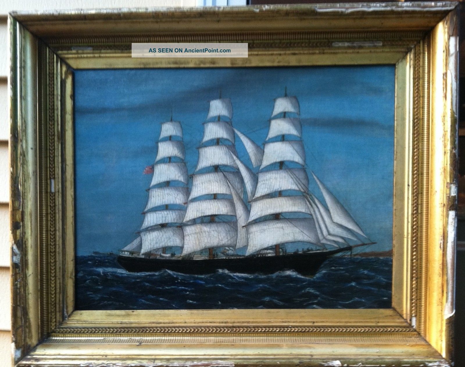 Antique American Flaged 3 Masted Schooner Rum Runner Quality Oil On Canvas Folk Art photo