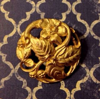 Antique Ornate Gilt Brass Metal Openwork Floral Realistic Flower Picture Button photo