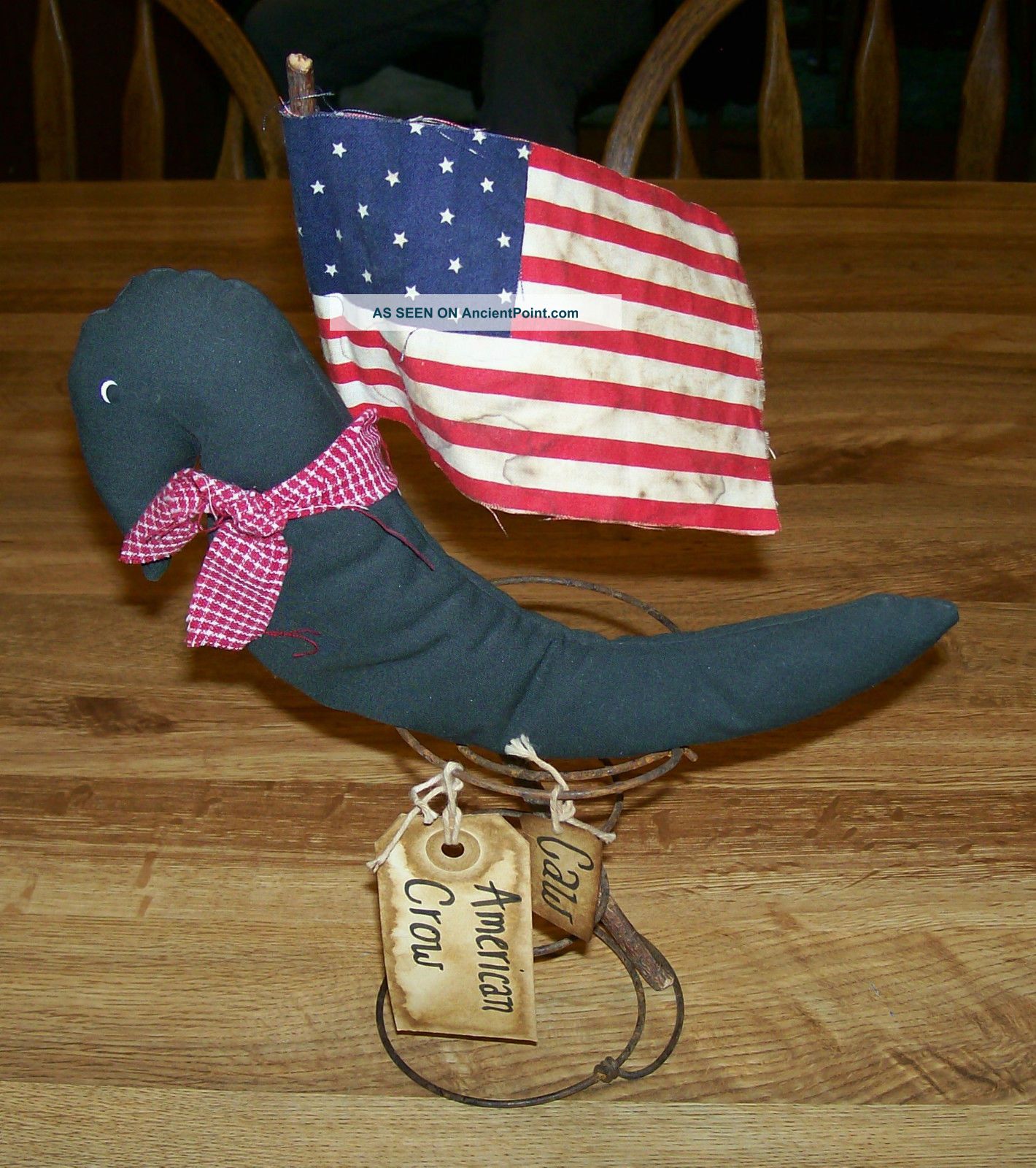 Handmade Patriotic American Crow Rusty Bedspring With Handmade Flag On A Stick Primitives photo