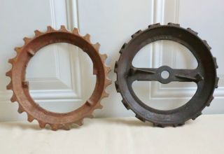 Antique Vintage Of 2 Cast Iron Jd Planter Farm Seed Plate Gears Steampunk photo