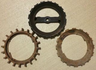 Antique Vintage Of 3 Cast Iron Jd Planter Seed Plates Gears Old Farm Tools photo